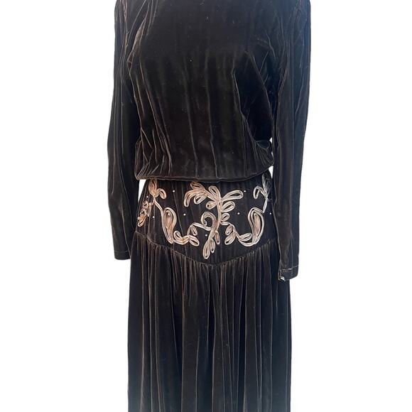 Vtg Velvet Drop Waist Embroidered Dress Womens M Fairy Grunge Whimsigoth Regency - Picture 6 of 8